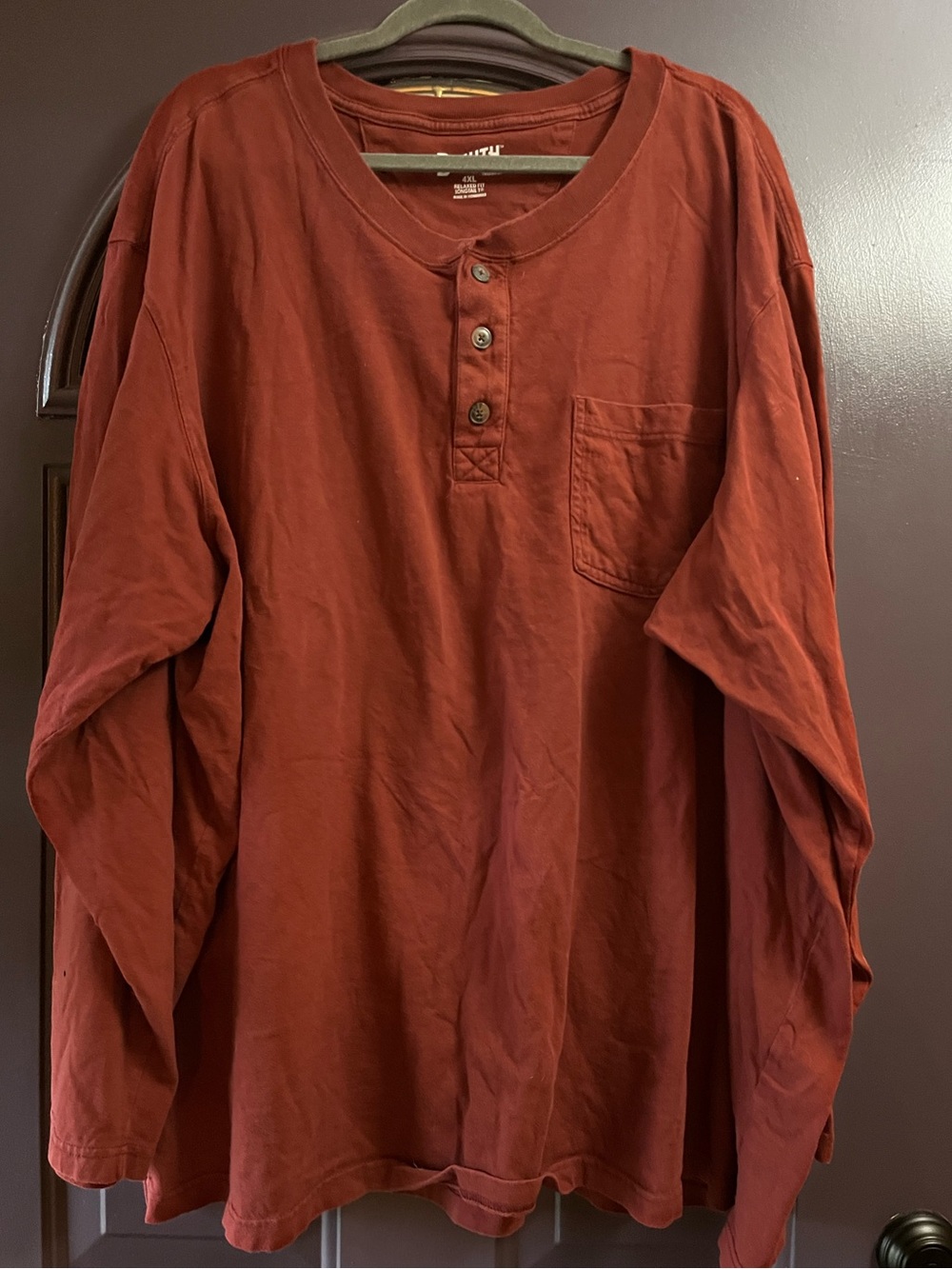 Duluth Trading Co Men's Long-Sleeve Henley in Rust Red